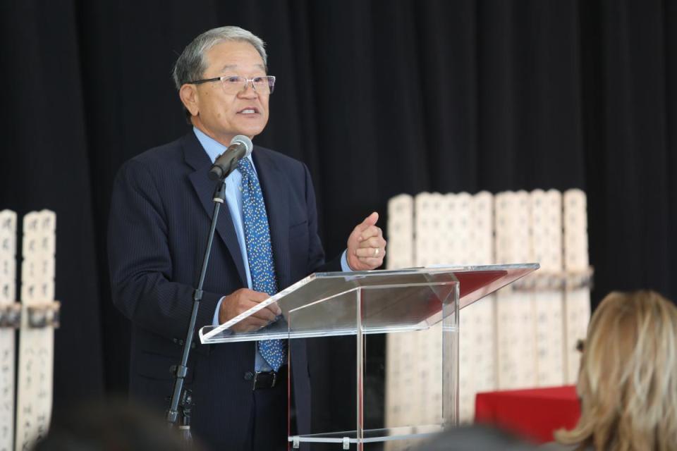 William T Fujioka, chairman of JANM Board of Trustees, speaking at the ceremony